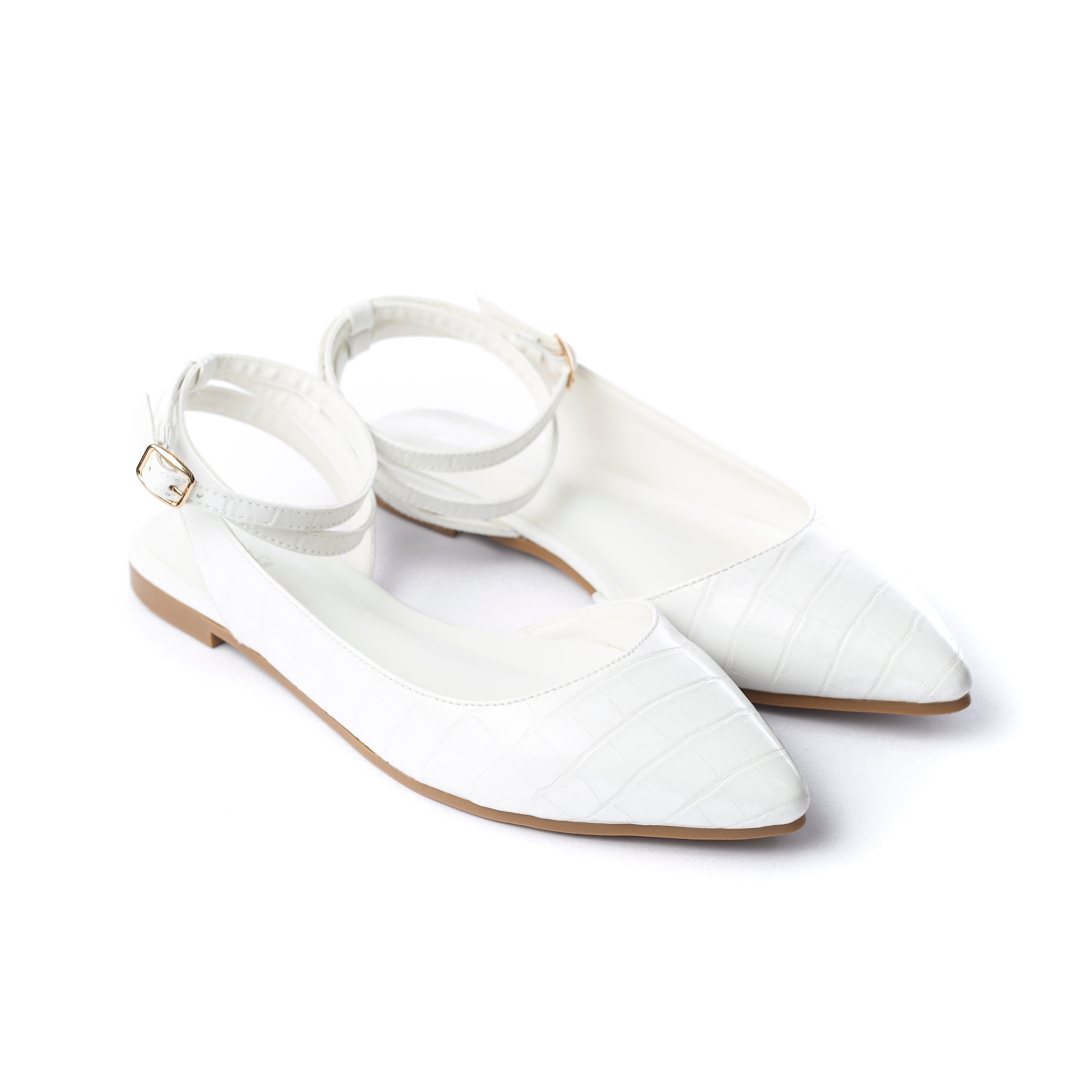 Crocodile-Embossed Ankle Flats White
