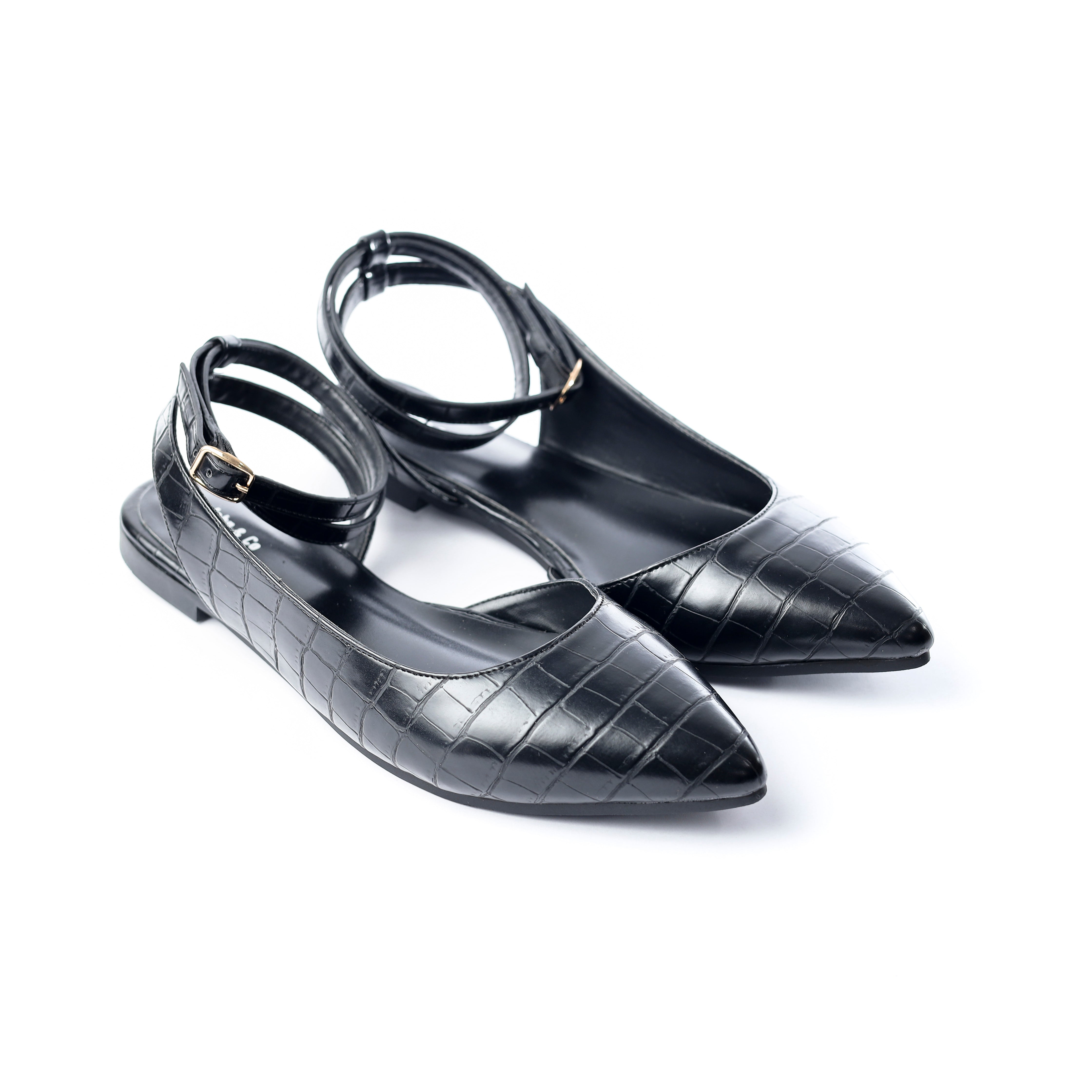 Crocodile-Embossed Ankle Flats Black