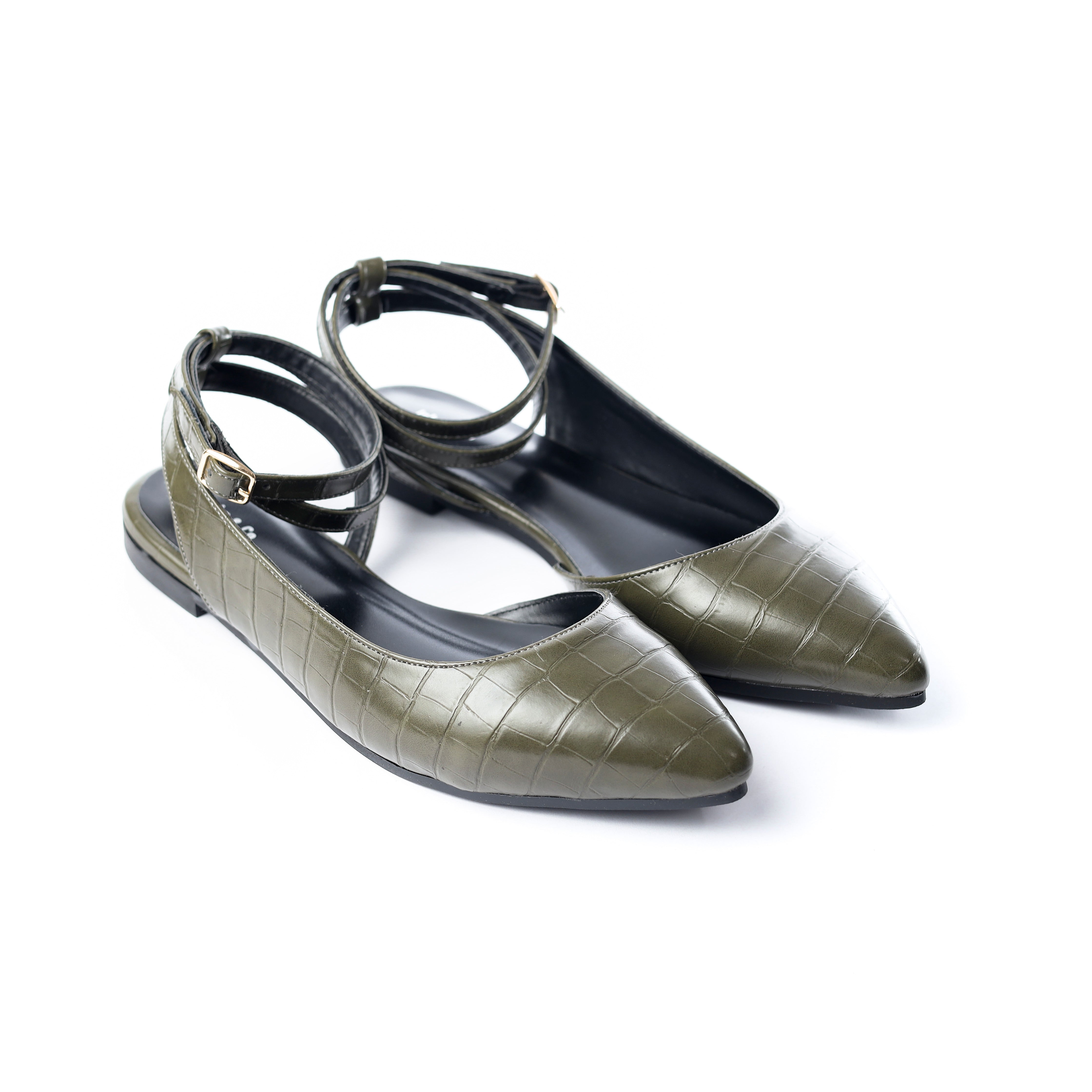 Crocodile-Embossed Ankle Flats Pistache