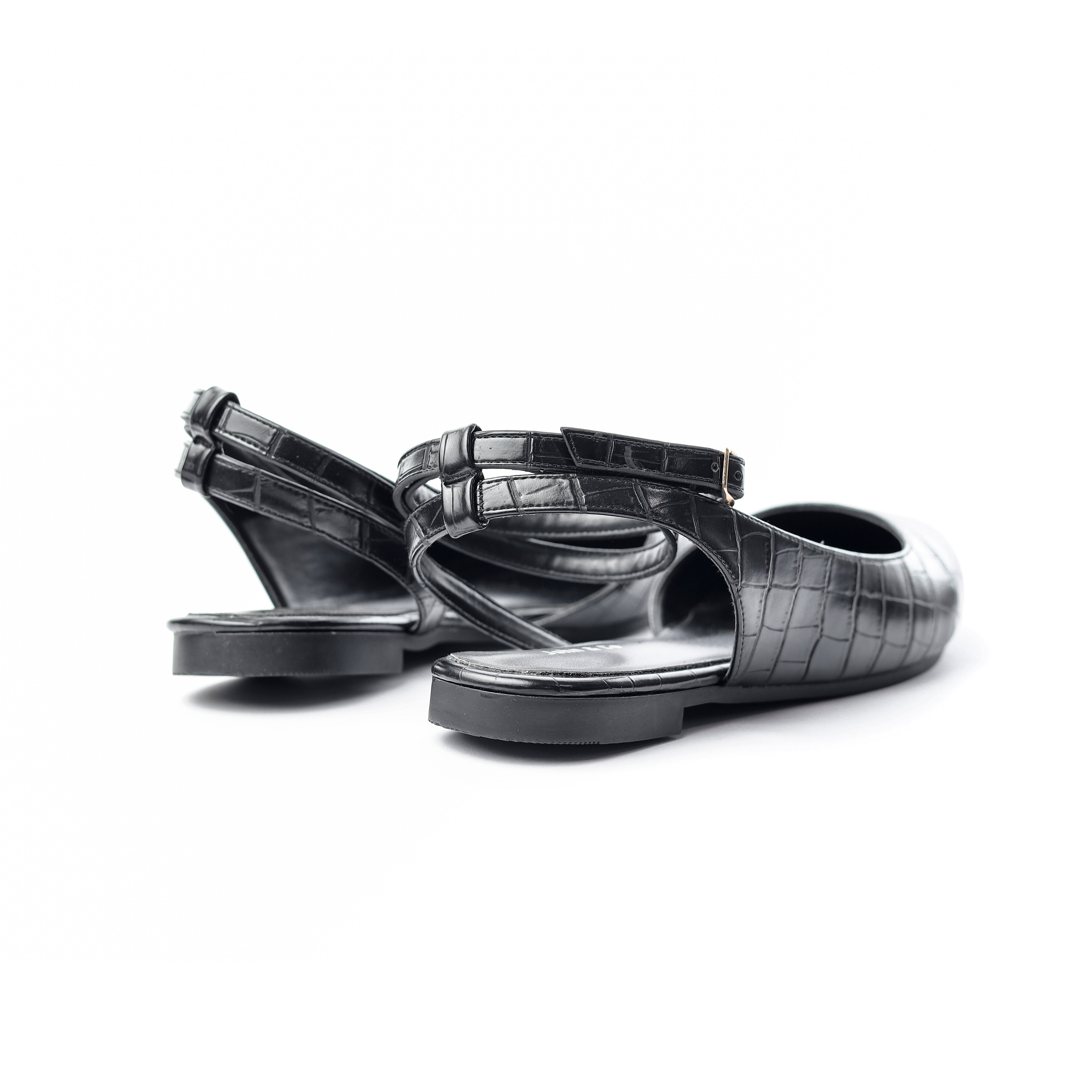 Crocodile-Embossed Ankle Flats Black