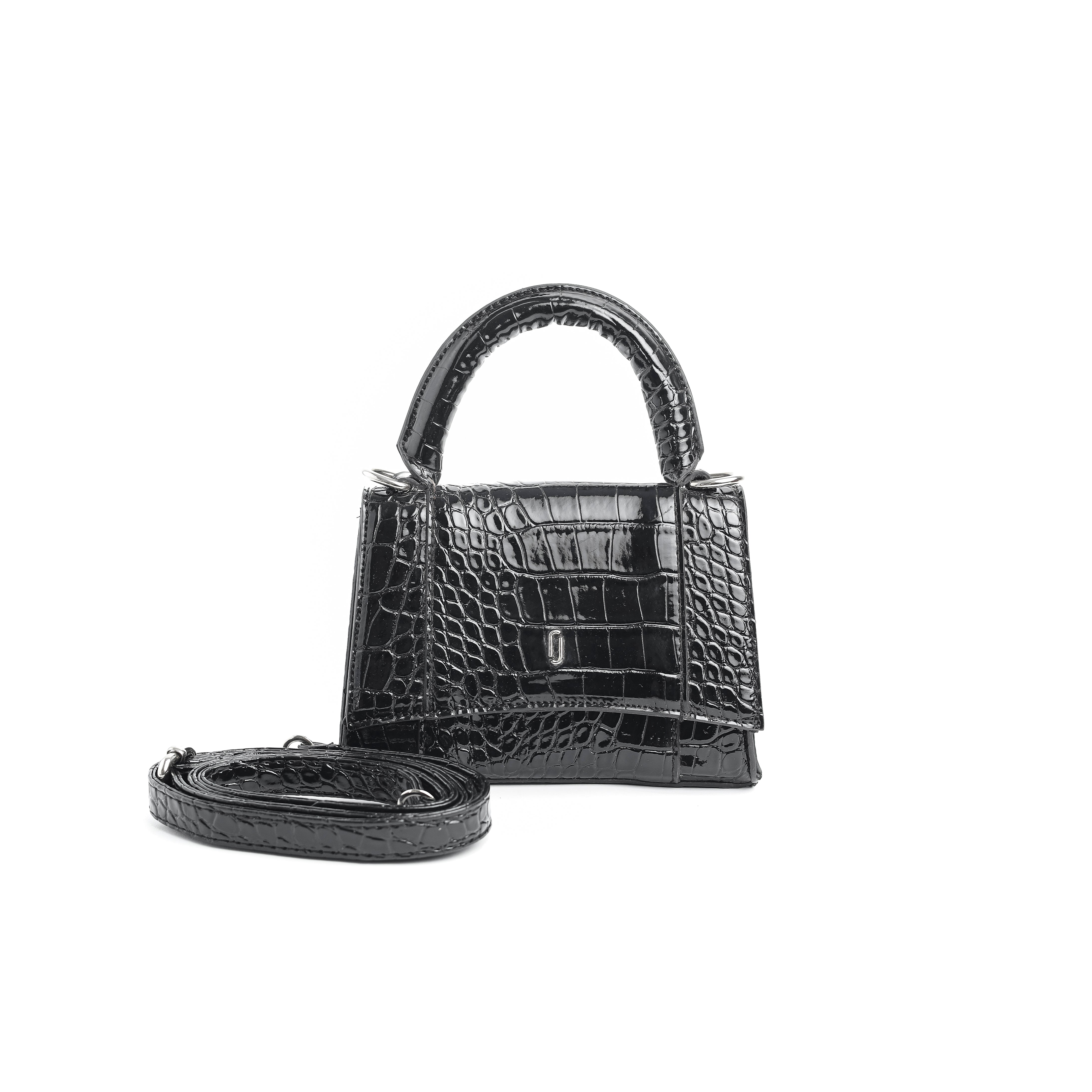 Mini Croc-Embossed Top Handle Bag Black