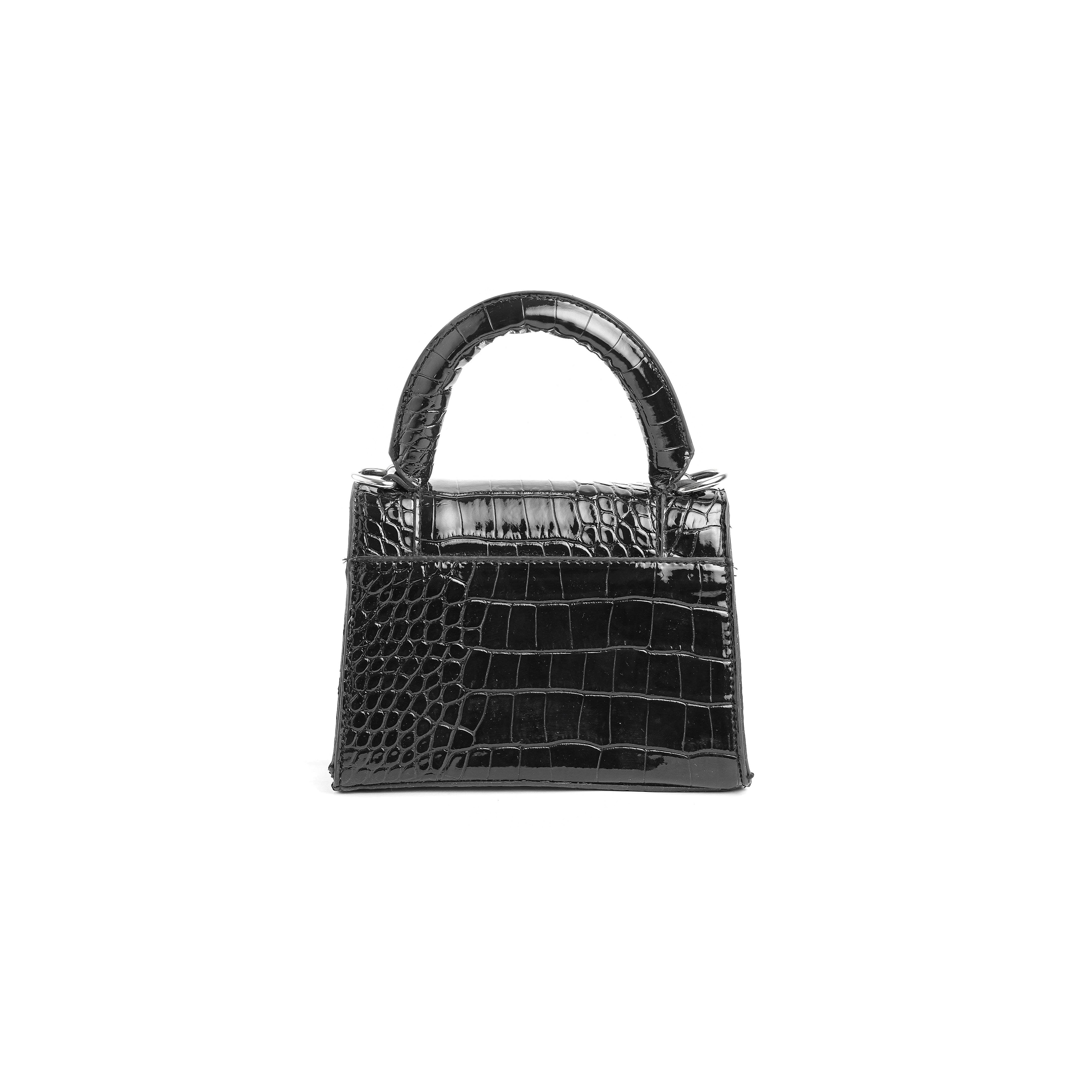 Mini Croc-Embossed Top Handle Bag Black