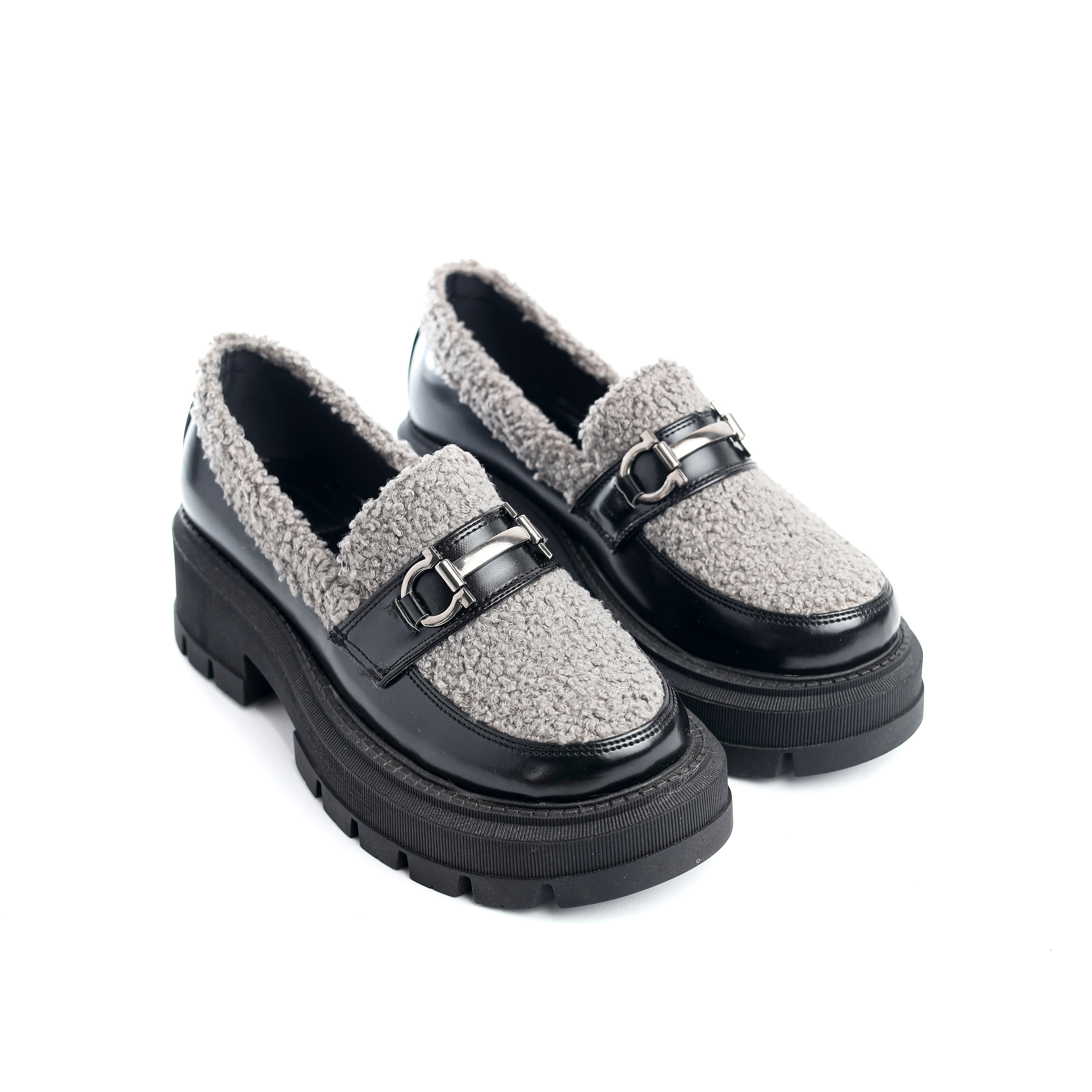 Faux Shearling Luxe Loafer Black and Grey